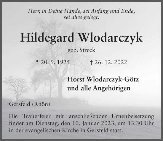 Traueranzeige von Hildegard Wlodarczyk von FZ