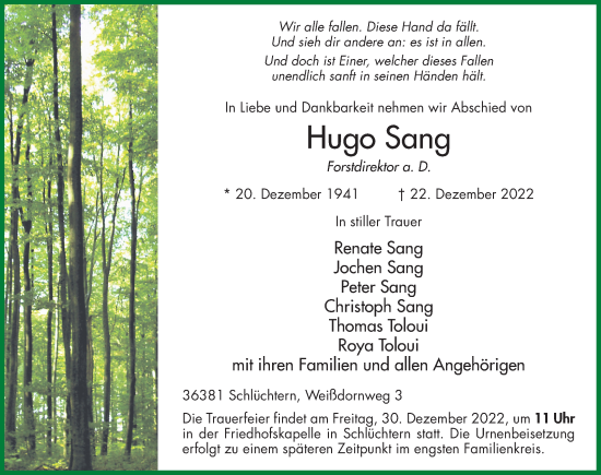 Traueranzeige von Hugo Sang von FZ