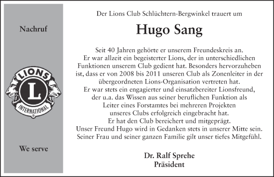 Traueranzeige von Hugo Sang von FZ