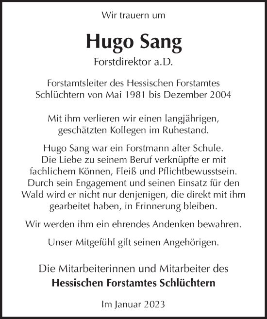 Traueranzeige von Hugo Sang von FZ