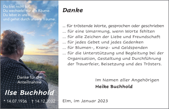 Traueranzeige von Ilse Buchhold von FZ