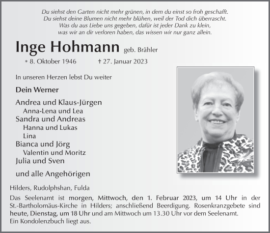 Traueranzeige von Inge Hohmann von FZ