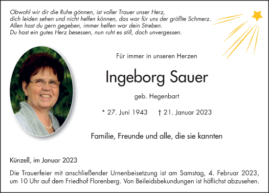 Traueranzeige von Ingeborg Sauer von FZ