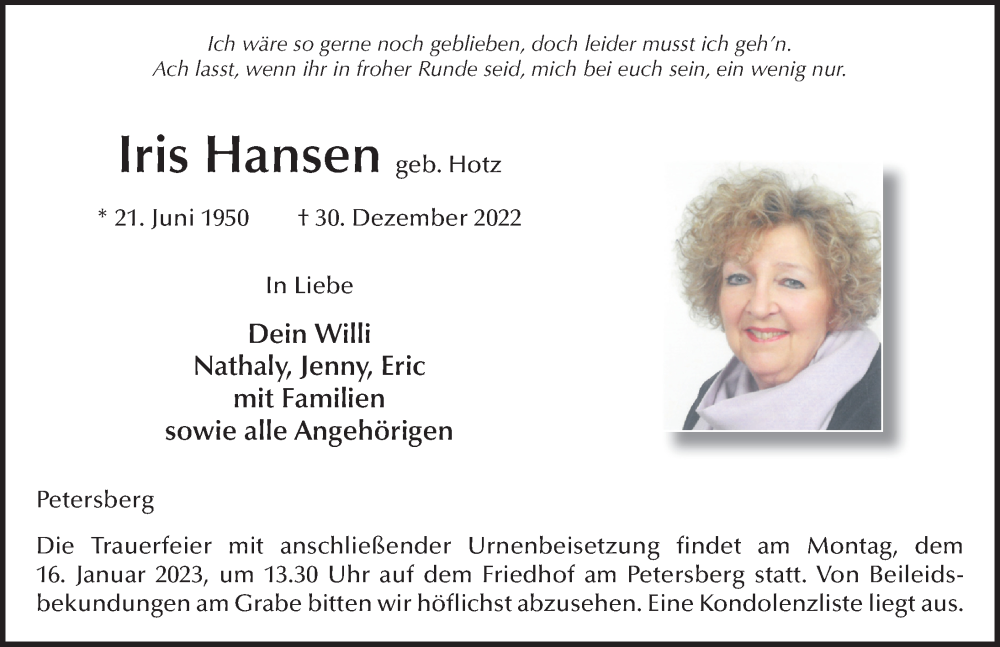  Traueranzeige für Iris Hansen vom 12.01.2023 aus FZ