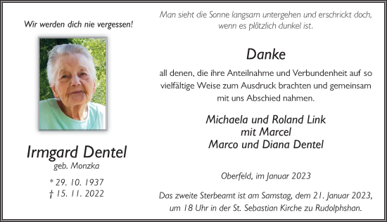 Traueranzeige von Irmgard Dentel von FZ