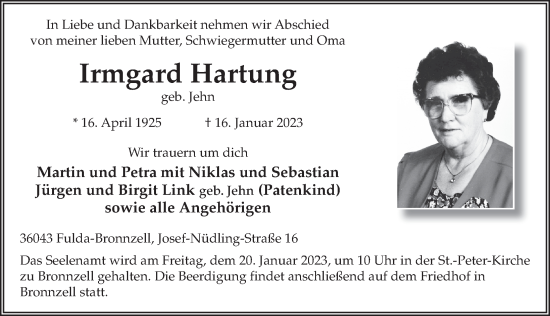 Traueranzeige von Irmgard Hartung von FZ