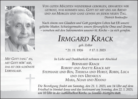 Traueranzeige von Irmgard Krack von FZ