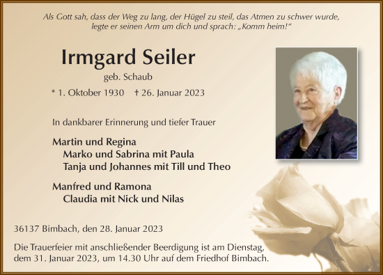 Traueranzeige von Irmgard Seiler von FZ