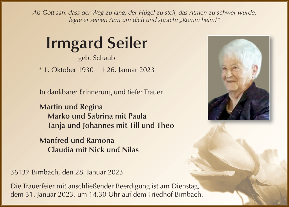  Traueranzeige für Irmgard Seiler vom 28.01.2023 aus FZ