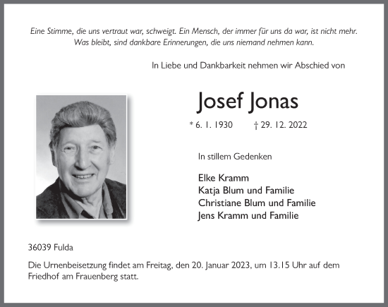Traueranzeige von Josef Jonas von FZ