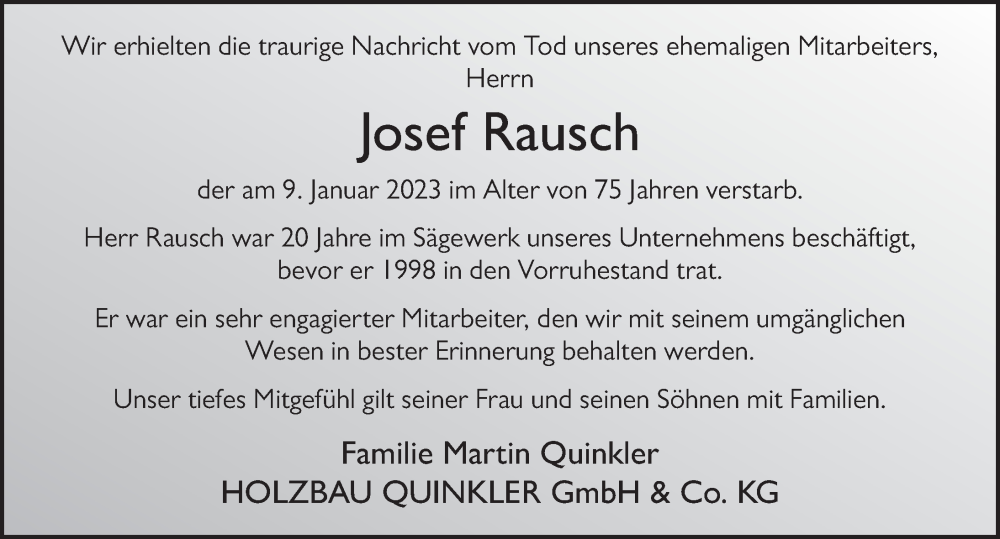  Traueranzeige für Josef Rausch vom 18.01.2023 aus FZ