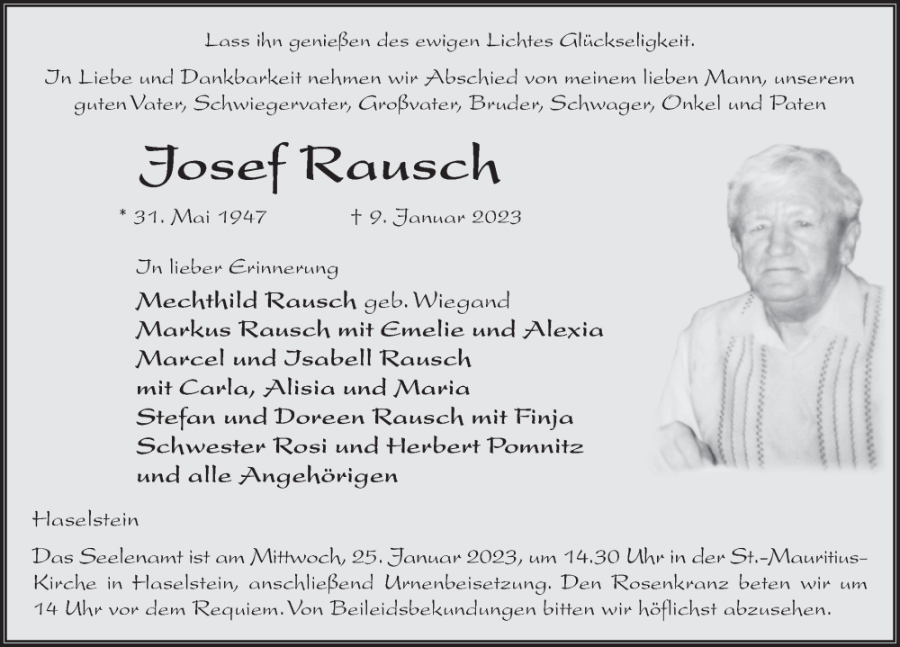  Traueranzeige für Josef Rausch vom 20.01.2023 aus FZ