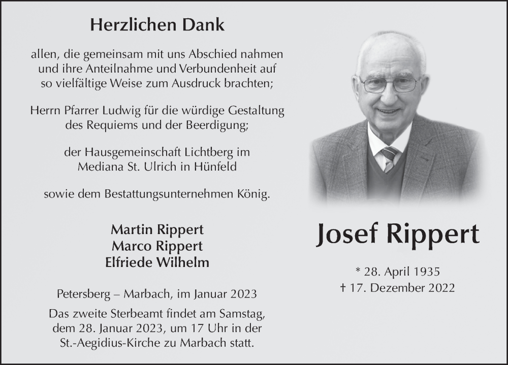  Traueranzeige für Josef Rippert vom 21.01.2023 aus FZ