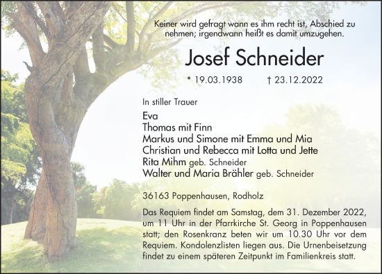 Traueranzeige von Josef Schneider von FZ