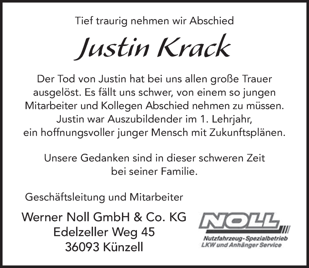  Traueranzeige für Justin Krack vom 16.01.2023 aus FZ