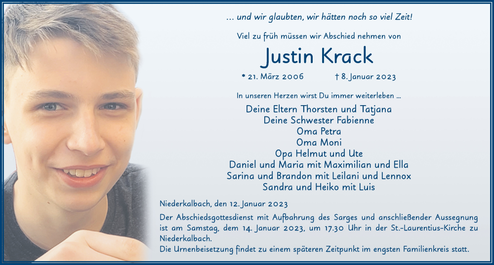  Traueranzeige für Justin Krack vom 12.01.2023 aus FZ
