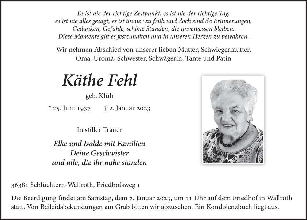  Traueranzeige für Käthe Fehl vom 05.01.2023 aus FZ