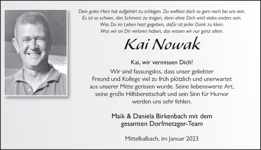  Traueranzeige für Kai Nowak vom 10.01.2023 aus FZ