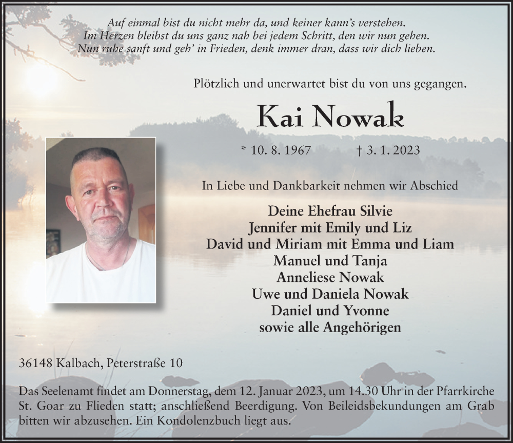  Traueranzeige für Kai Nowak vom 09.01.2023 aus FZ