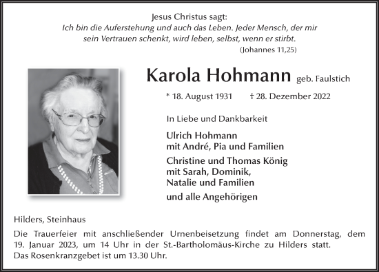 Traueranzeige von Karola Hohmann von FZ