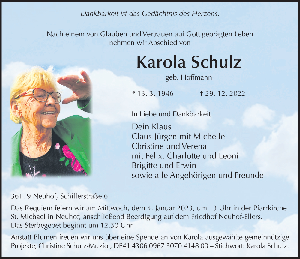  Traueranzeige für Karola Schulz vom 02.01.2023 aus FZ