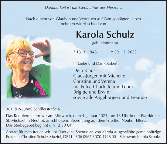 Traueranzeige von Karola Schulz von FZ