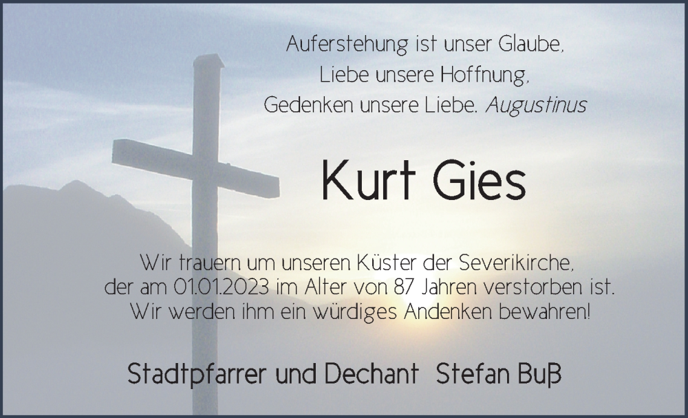  Traueranzeige für Kurt Gies vom 06.01.2023 aus FZ