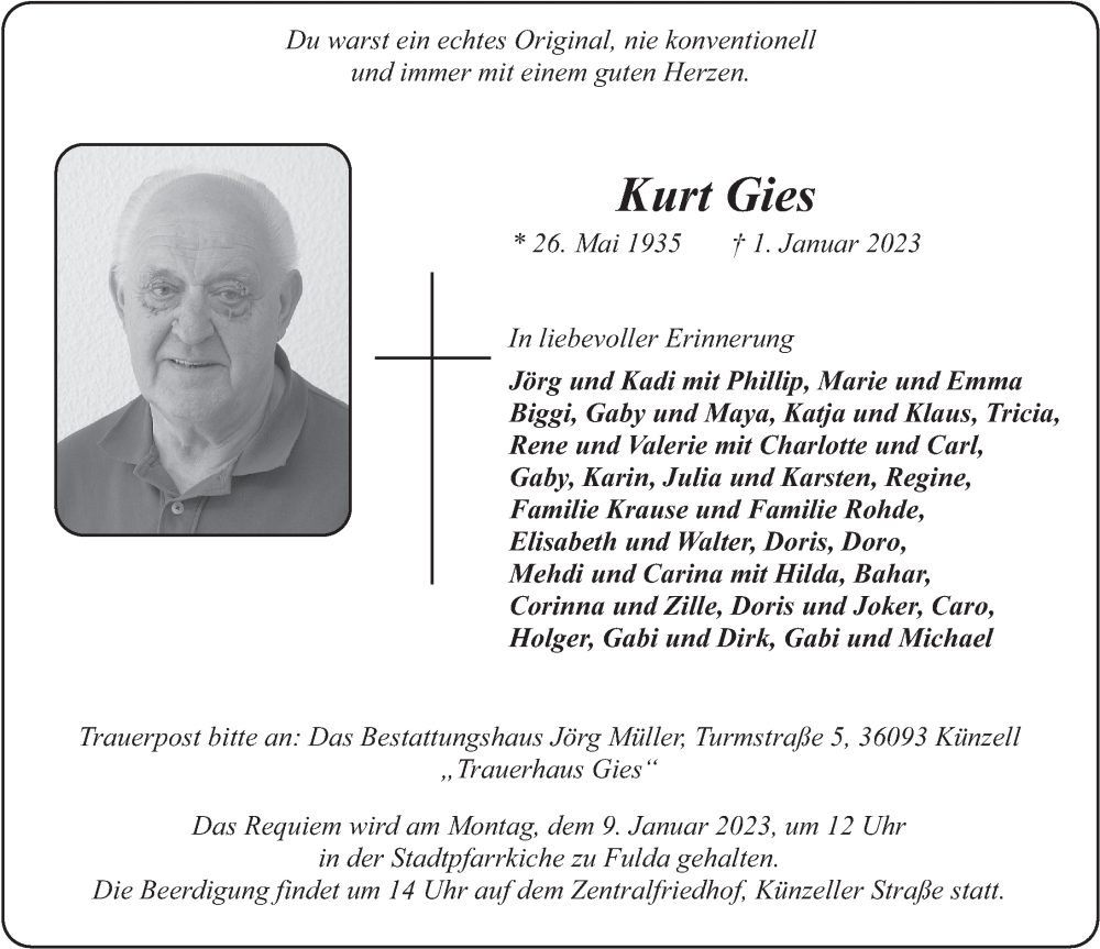  Traueranzeige für Kurt Gies vom 06.01.2023 aus FZ