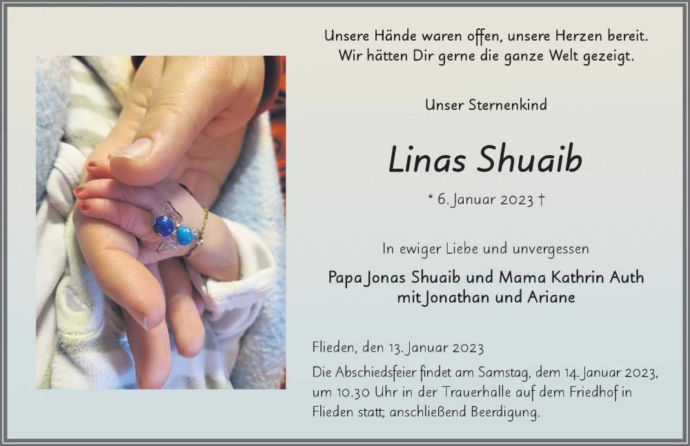  Traueranzeige für Linas Shuaib vom 13.01.2023 aus FZ