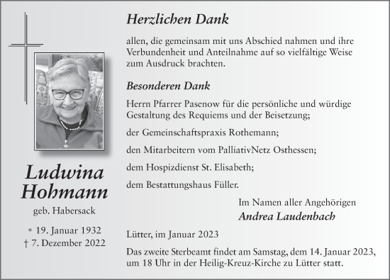 Traueranzeige von Ludwina Hohmann von FZ