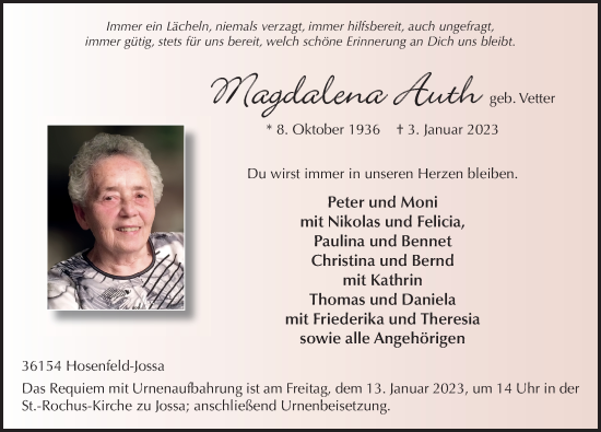 Traueranzeige von Magdalena Auth von FZ