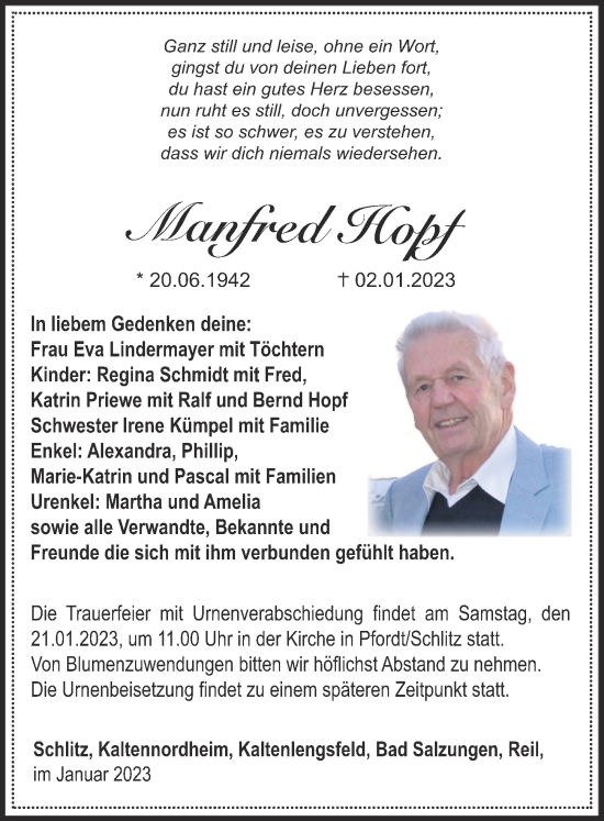 Traueranzeige von Manfred Hopf von FZ