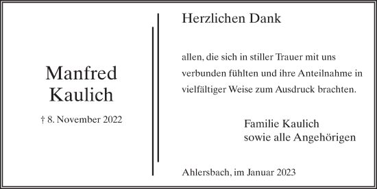 Traueranzeige von Manfred Kaulich von FZ