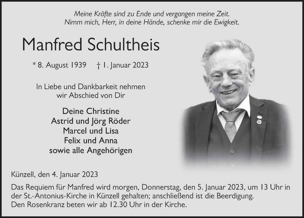  Traueranzeige für Manfred Schultheis vom 04.01.2023 aus FZ