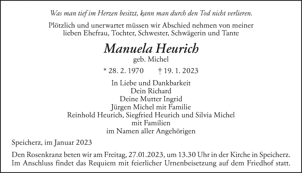  Traueranzeige für Manuela Heurich vom 23.01.2023 aus FZ