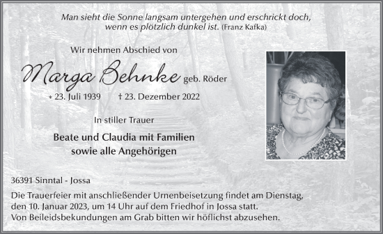 Traueranzeige von Marga Behnke von FZ