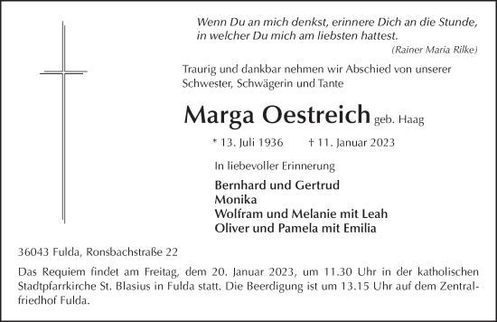 Traueranzeige von Marga Oestreich von FZ