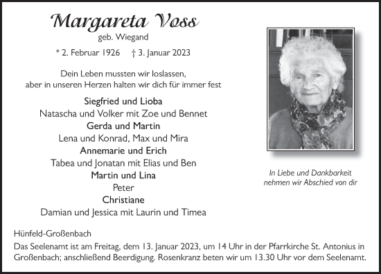 Traueranzeige von Margareta Voss von FZ