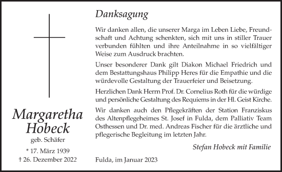 Traueranzeige von Margaretha Hobeck von FZ