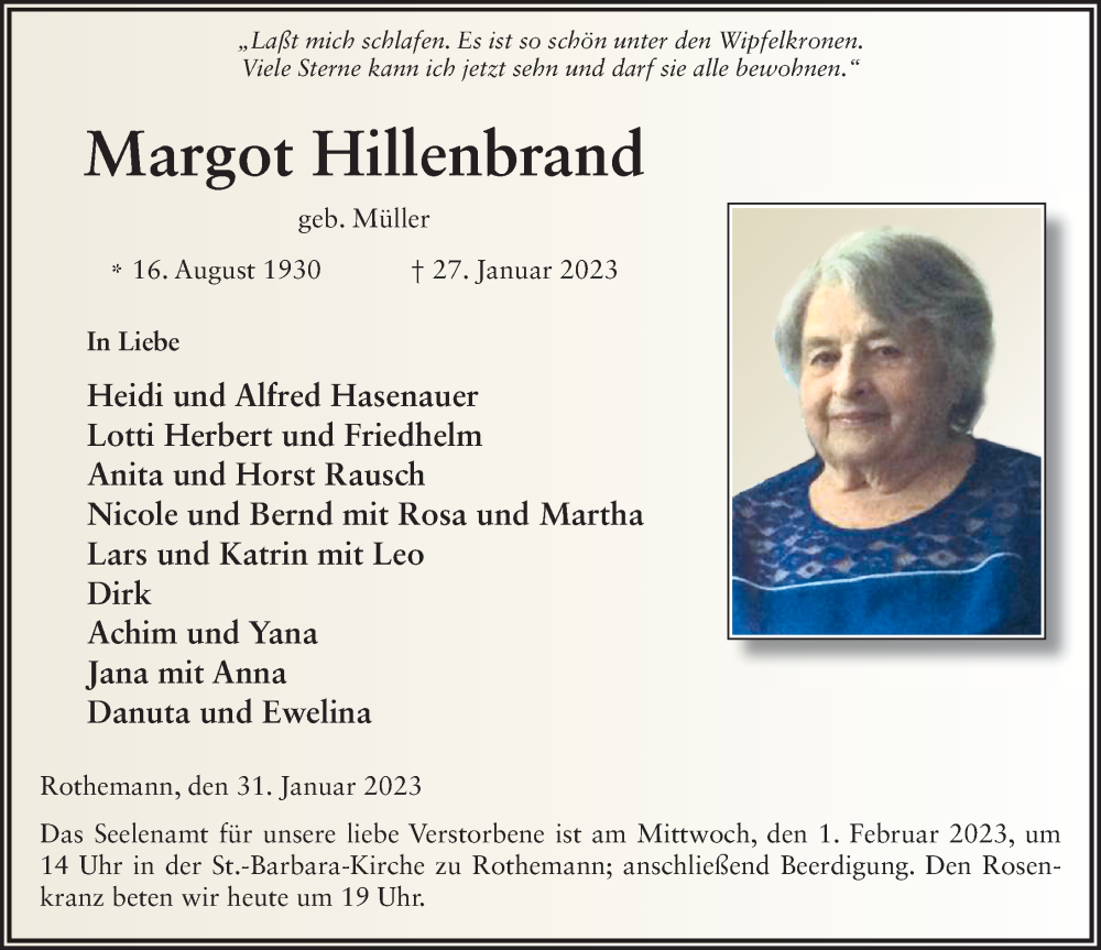  Traueranzeige für Margot Hillenbrand vom 31.01.2023 aus FZ