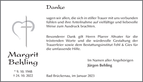 Traueranzeige von Margrit Behling von FZ