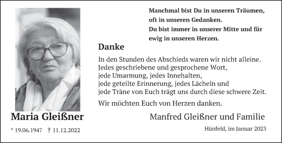 Traueranzeige von Maria Gleißner von FZ