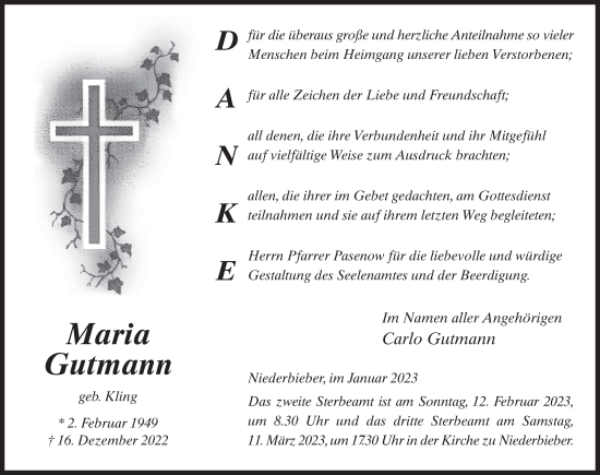 Traueranzeige von Maria Gutmann von FZ