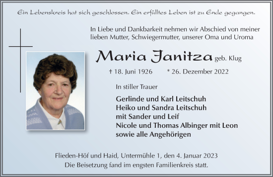 Traueranzeige von Maria Janitza von FZ