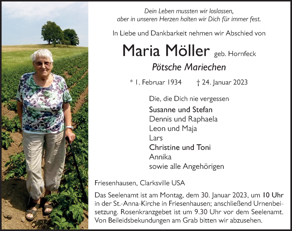  Traueranzeige für Maria Möller vom 27.01.2023 aus FZ