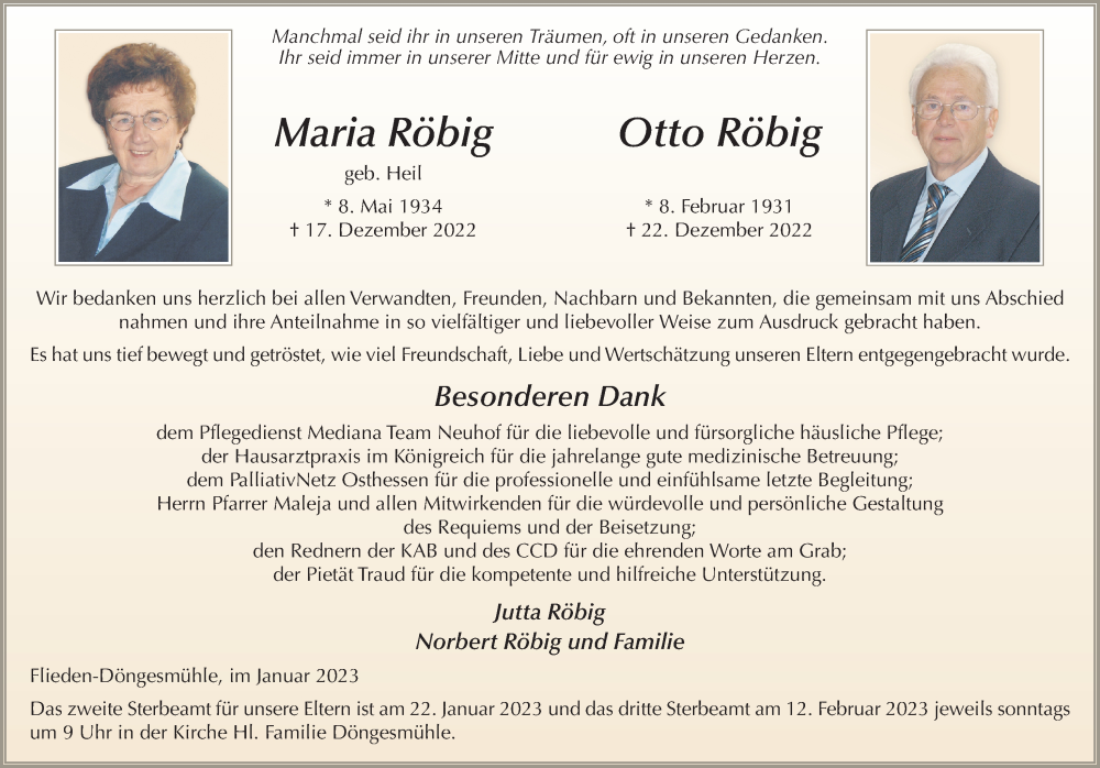  Traueranzeige für Maria Röbig vom 21.01.2023 aus FZ