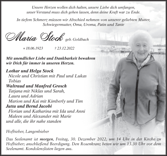 Traueranzeige von Maria Stock von FZ