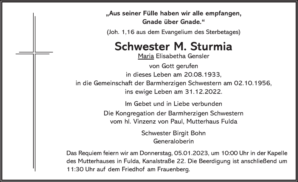  Traueranzeige für Maria Elisabetha Gensler vom 03.01.2023 aus FZ