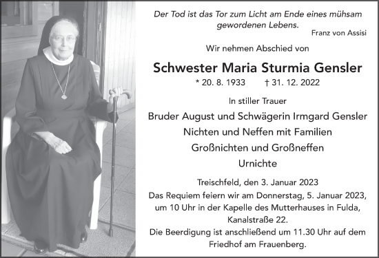 Traueranzeige von Maria Elisabetha Gensler von FZ