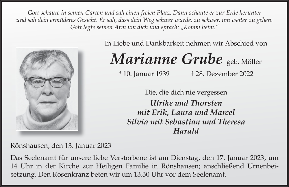  Traueranzeige für Marianne Grube vom 13.01.2023 aus FZ